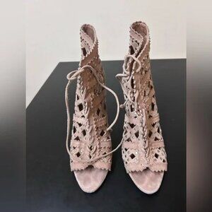 Alaia Womens Suede Studded Laser Cut Lace Up Open Toe Ankle Boots Beige Size 38